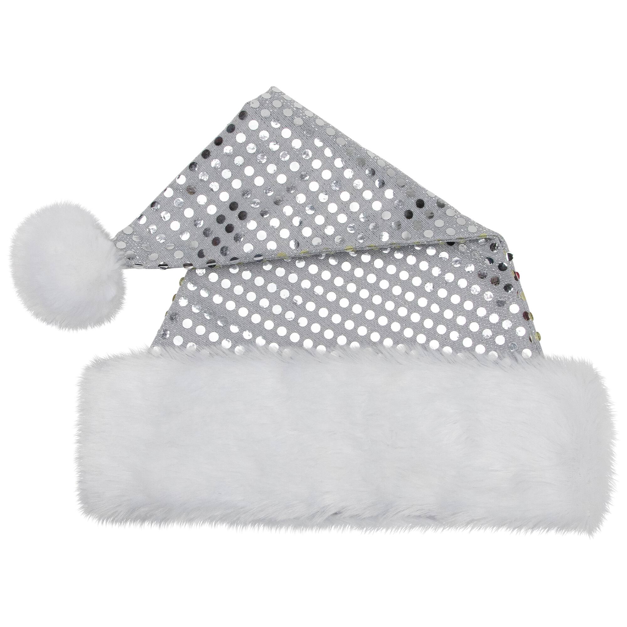 Silver & White Unisex Adult Sequined Christmas Santa Hat with Cuff